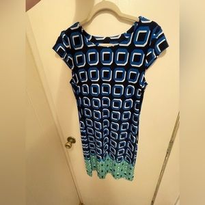 Liz Claiborne Dress Size Medium Squircle Pattern Blue White Green Disco Mod